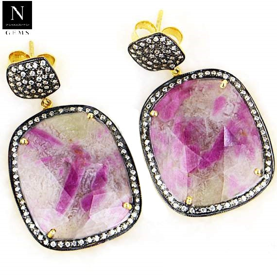 Gold Vermeil Over Sterling Silver Pink Sapphire With Cubic Zirconia Pave Diamond 46x27mm Dangle Drop Earring