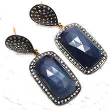 Load image into Gallery viewer, Gold Vermeil Over Sterling Silver Blue Sapphire With Cubic Zirconia Pave Diamond 45x16mm Dangle Drop Earring
