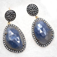 Load image into Gallery viewer, Gold Vermeil Over Sterling Silver Blue Sapphire With Cubic Zirconia Pave Diamond 42x20mm Dangle Drop Earring
