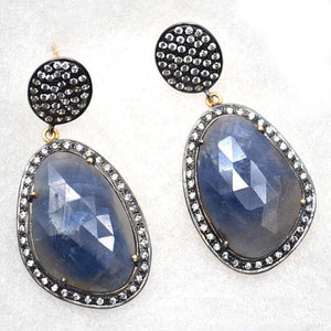 Gold Vermeil Over Sterling Silver Blue Sapphire With Cubic Zirconia Pave Diamond 42x20mm Dangle Drop Earring