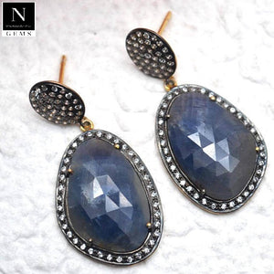 Gold Vermeil Over Sterling Silver Blue Sapphire With Cubic Zirconia Pave Diamond 42x20mm Dangle Drop Earring