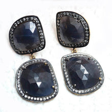 Load image into Gallery viewer, Gold Vermeil Over Sterling Silver Blue Sapphire With Cubic Zirconia Pave Diamond 44x20mm Dangle Drop Earring

