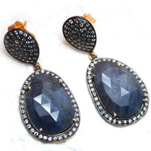 Load image into Gallery viewer, Gold Vermeil Over Sterling Silver Blue Sapphire With Cubic Zirconia Pave Diamond 42x18mm Dangle Drop Earring
