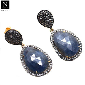 Gold Vermeil Over Sterling Silver Blue Sapphire With Cubic Zirconia Pave Diamond 42x18mm Dangle Drop Earring