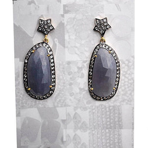 Gold Vermeil Over Sterling Silver Blue Sapphire With Cubic Zirconia Pave Diamond 43x16mm Dangle Drop Earring