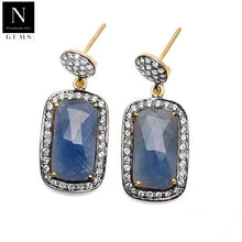 Load image into Gallery viewer, Gold Vermeil Over Sterling Silver Blue Sapphire With Cubic Zirconia Pave Diamond 36x15mm Dangle Drop Earring
