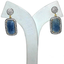 Load image into Gallery viewer, Gold Vermeil Over Sterling Silver Blue Sapphire With Cubic Zirconia Pave Diamond 36x15mm Dangle Drop Earring
