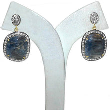 Load image into Gallery viewer, Gold Vermeil Over Sterling Silver Blue Sapphire With Cubic Zirconia Pave Diamond 36x19mm Dangle Drop Earring
