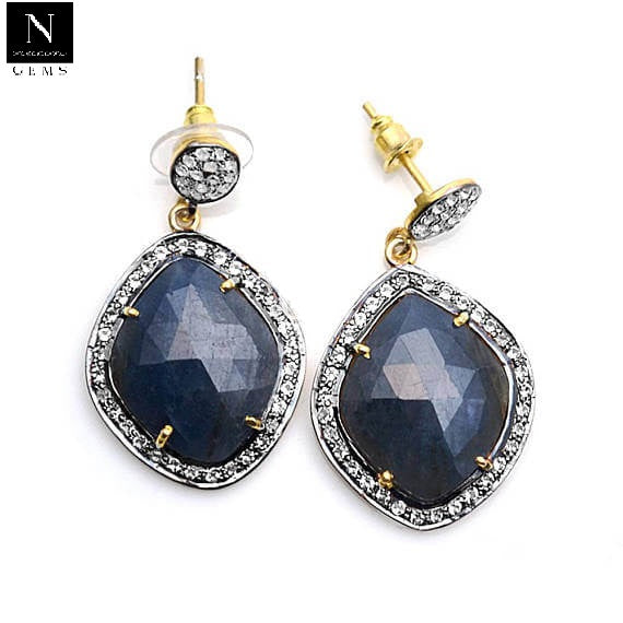 Gold Vermeil Over Sterling Silver Blue Sapphire With Cubic Zirconia Pave Diamond 38x22mm Dangle Drop Earring