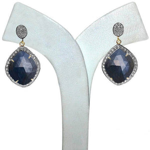 Gold Vermeil Over Sterling Silver Blue Sapphire With Cubic Zirconia Pave Diamond 38x22mm Dangle Drop Earring