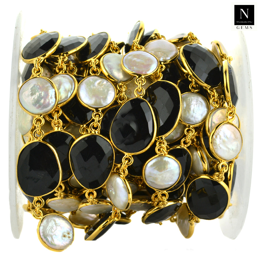 Black Onyx & Pearl 10-15mm Mix Faceted Shape Gold Plated Bezel Continuous Connector Chain