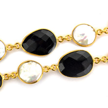 Load image into Gallery viewer, Black Onyx &amp; Pearl 10-15mm Mix Faceted Shape Gold Plated Bezel Continuous Connector Chain

