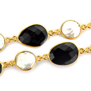 Black Onyx & Pearl 10-15mm Mix Faceted Shape Gold Plated Bezel Continuous Connector Chain
