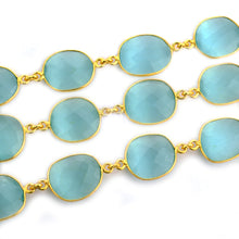 Load image into Gallery viewer, Aqua Chalcedony 10-15mm Mix Faceted Gold Plated Bezel Continuous Connector Chain
