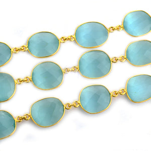 Aqua Chalcedony 10-15mm Mix Faceted Gold Plated Bezel Continuous Connector Chain