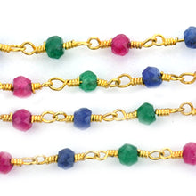 Load image into Gallery viewer, Ruby,Emerald &amp; Sapphire Faceted Bead Rosary Chain 3-3.5mm Gold Plated Bead Rosary 5FT
