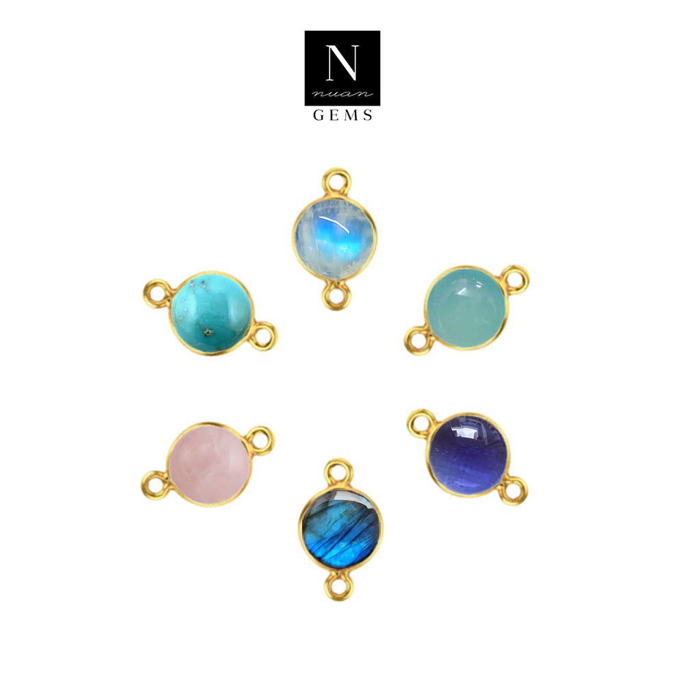 10pc Set Round Cabochon Double Birthstone Double Bail Gold Plated Bezel Link Gemstone Connectors 8mm