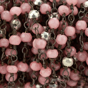 Rose chalcedony With Silver Pyrite Faceted Bead Rosary Chain 3-3.5mm Oxidized Bead Rosary 5FT