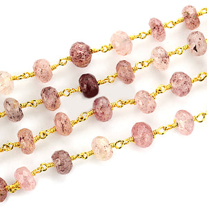 Strawberry Quartz Faceted Large Beads 7-8mm Gold Plated Rosary Chain