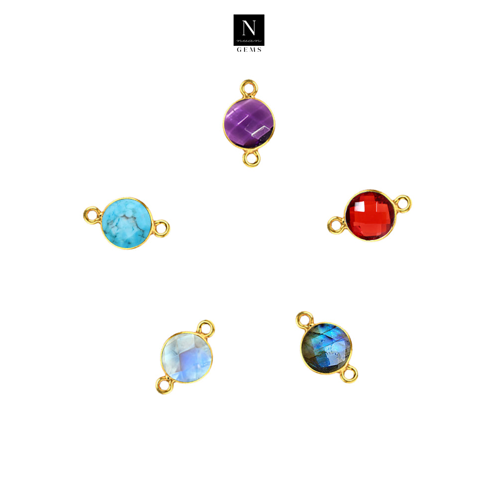 10pc Set Round Birthstone Double Bail Gold Plated Bezel Link Gemstone Connectors 7mm