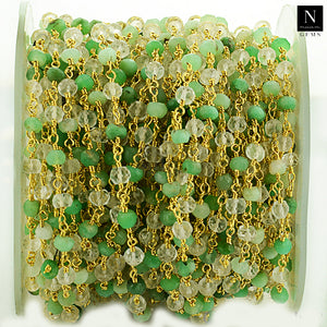Chrysoprase With Crystal Faceted Bead Rosary Chain 3-3.5mm Gold Plated Bead Rosary 5FT