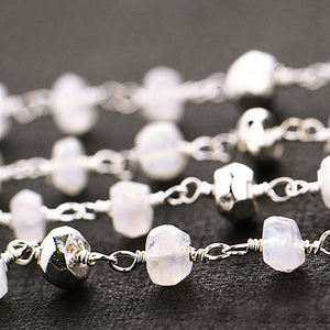Rainbow Moonstone With Silver Pyrite Faceted Bead Rosary Chain 3-3.5mm Silver Plated Bead Rosary 5FT