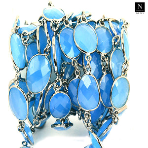 Blue Chalcedony 10mm Mix Faceted Shape Oxidized Bezel Continuous Connector Chain