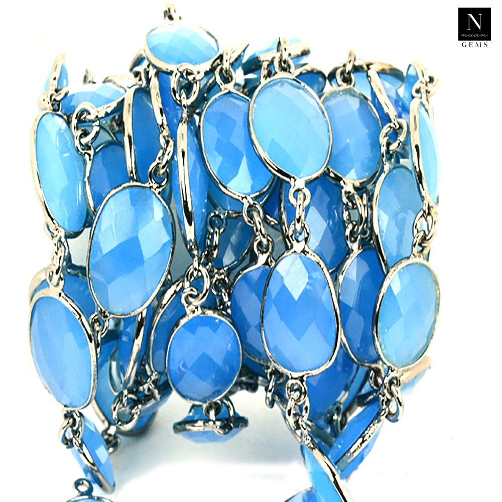 Blue Chalcedony 10mm Mix Faceted Shape Oxidized Bezel Continuous Connector Chain