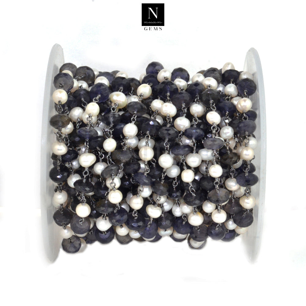 Iolite 7-8mm With Pearl 5-6mm Faceted Large Beads Oxidized Rosary Chain