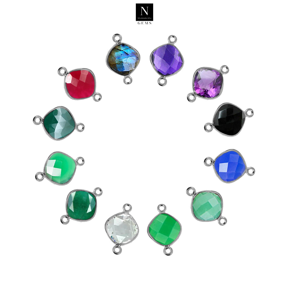 10pc Set Cushion Birthstone Double Bail Silver Plated Bezel Link Gemstone Connectors 16mm