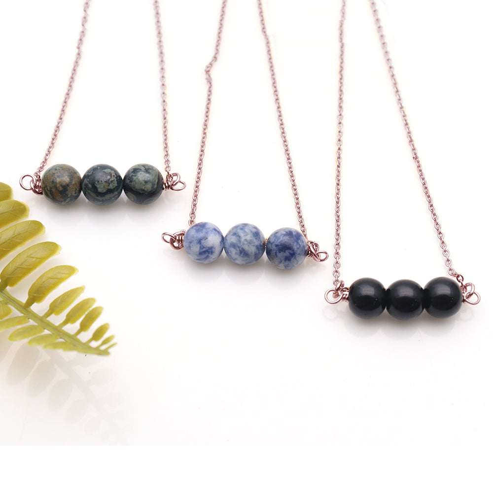 5PC Round Gemstone Three Beads | Beads Rose Gold Chain Necklace | Three Ball Bead Pendant Necklace | Round Beads