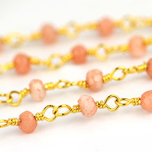 Load image into Gallery viewer, Peach Moonstone Faceted Bead Rosary Chain 3-3.5mm Gold Plated Bead Rosary 5FT
