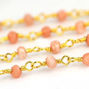 Peach Moonstone Faceted Bead Rosary Chain 3-3.5mm Gold Plated Bead Rosary 5FT