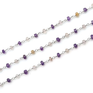 Amethyst & Golden Rutile Faceted Bead Rosary Chain 3-3.5mm Silver Plated Bead Rosary 5FT