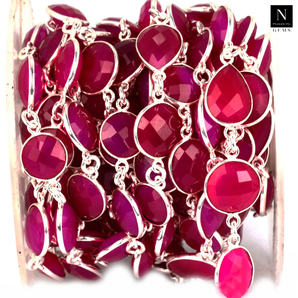 Hot Pink Chalcedony 10-15mm Mix Faceted Shape Silver Plated Bezel Continuous Connector Chain