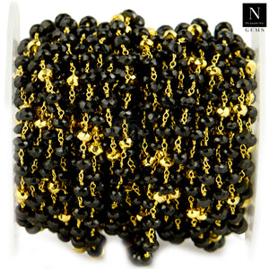 Black Spinel With Golden Pyrite Faceted Large Beads 5-6mm Gold Plated Rosary Chain