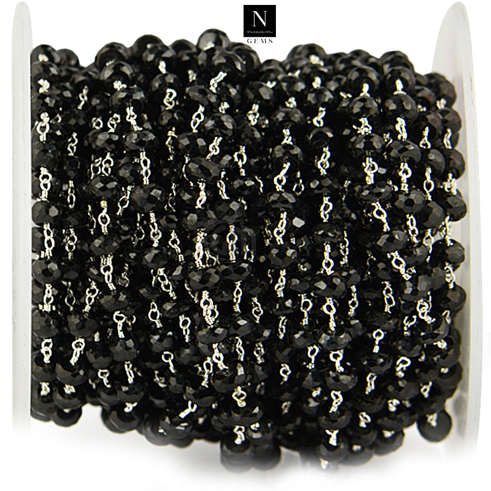 Black Spinel Faceted Large Beads 5-6mm Silver Plated Rosary Chain