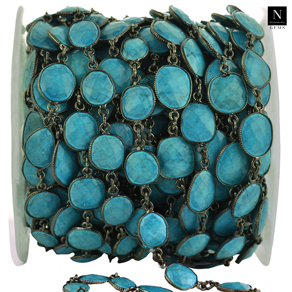 Turquoise 10mm Mix Faceted Shape Oxidized Bezel Continuous Connector Chain