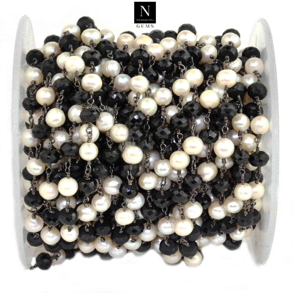 Black Spinel With Pearl Faceted Large Beads 5-6mm Oxidized Rosary Chain