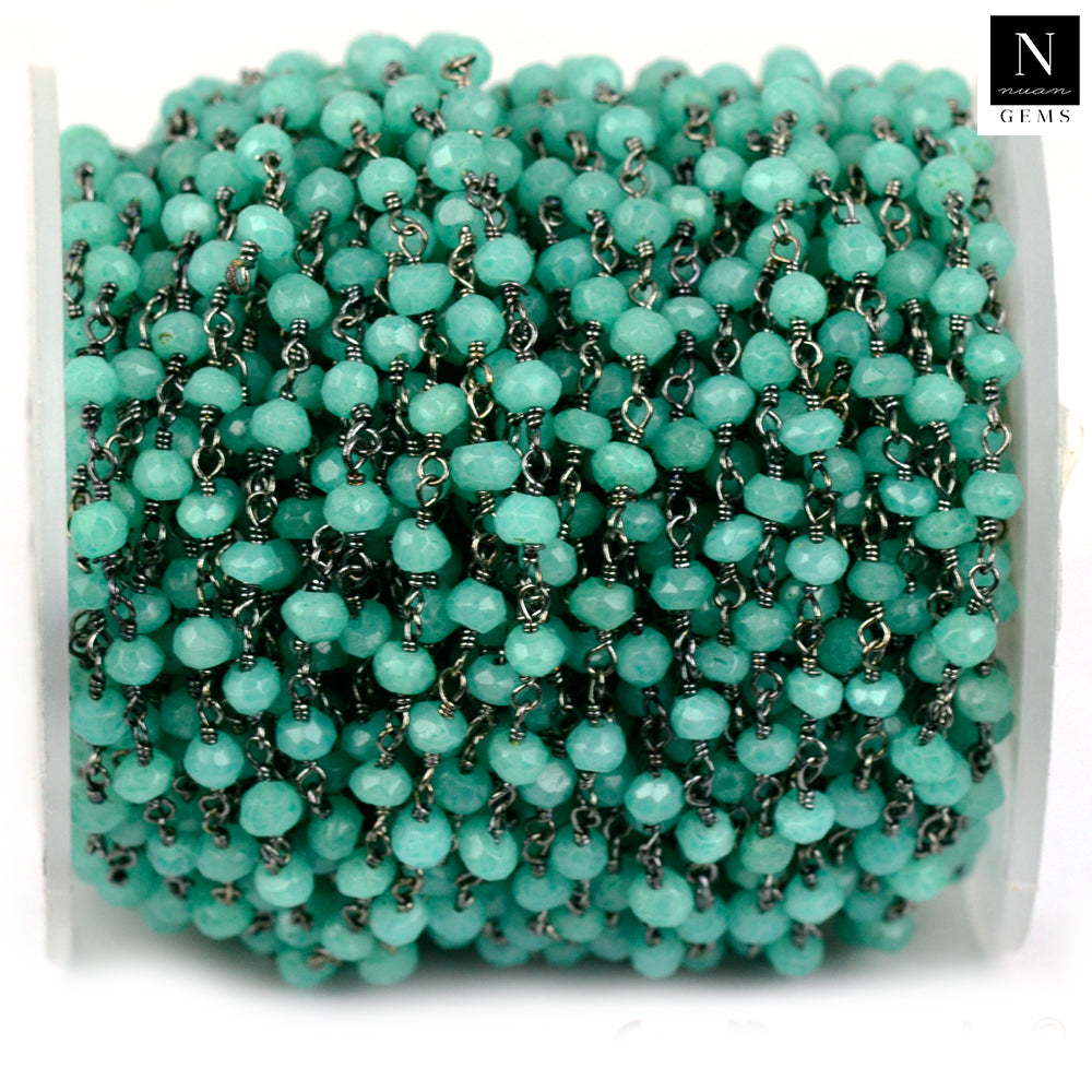 Aqua Chalcedony Faceted Bead Rosary Chain 3-3.5mm Oxidized Bead Rosary 5FT