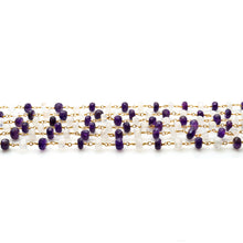 Load image into Gallery viewer, Amethyst With Rainbow Moonstone Faceted Large Beads 5-6mm Gold Plated Rosary Chain
