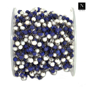 Lapis & Pearl Faceted Bead Rosary Chain 3-3.5mm Oxidized Bead Rosary 5FT
