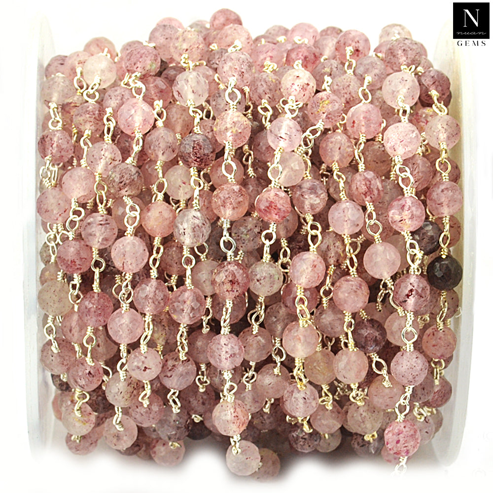 Strawberry Quartz Faceted Large Beads 5-6mm Silver Plated Rosary Chain