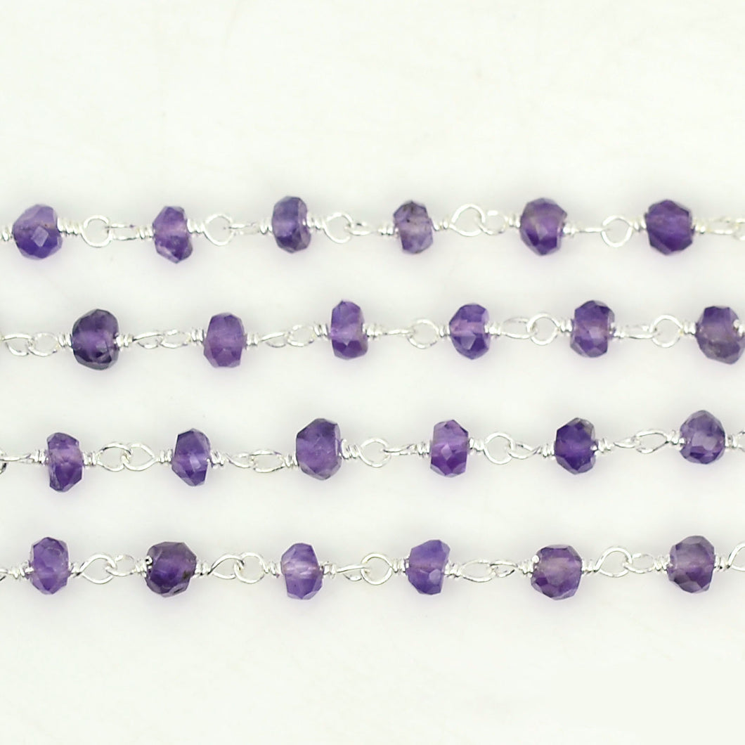 5ft Amethyst 3-3.5mm Sterling Silver Wire Wrapped Beads Rosary | Gemstone Rosary Chain | Wholesale Chain Faceted Crystal