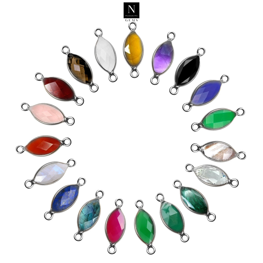 10pc Set Marquise Shape Birthstone Double Bail Silver Plated Bezel Link Gemstone Connectors 8X16mm