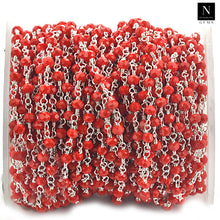 Load image into Gallery viewer, Red Coral Faceted Bead Rosary Chain 3-3.5mm Silver Plated Bead Rosary 5FT
