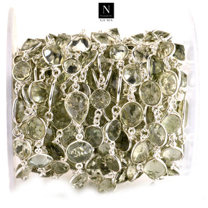 Green Amethyst 10mm Mix Faceted Shape Silver Plated Bezel Continuous Connector Chain