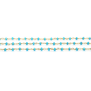 5ft Blue Zircon 3-3.5mm Gold Wire Wrapped Beads Rosary | Gemstone Rosary Chain | Wholesale Chain Faceted Crystal