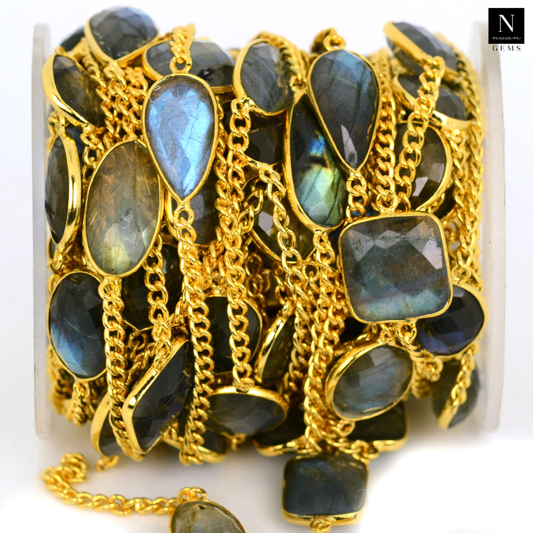 Labradorite 10-15mm Mix Shape Gold Plated Wholesale Connector Rosary Chain