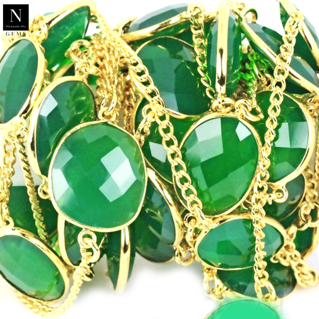 Green Onyx 15mm Mix Shape Gold Plated Wholesale Connector Rosary Chain